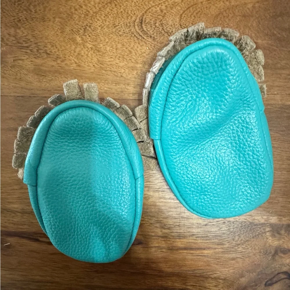 Hand Crafted Gold and Teal Kids Leather Shoes Size 5/6 Flexible. Boho Cowgirl